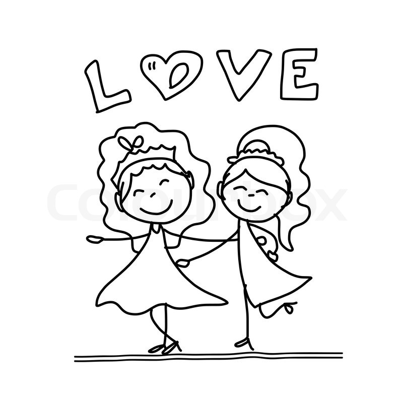 Hand Drawing Cartoon Concept Happy Same Sex Couple Wedding