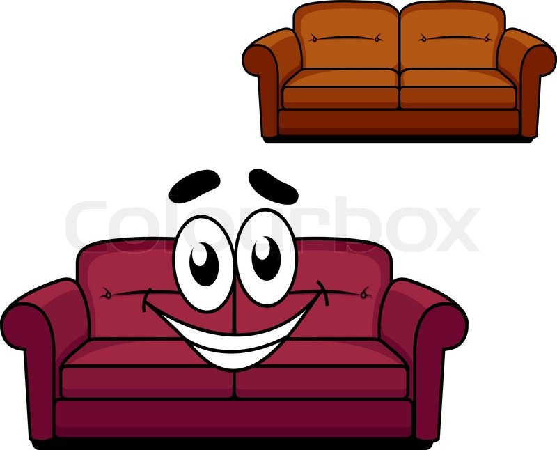 Happy and joyful cartoon of maroon upholstered couch of 