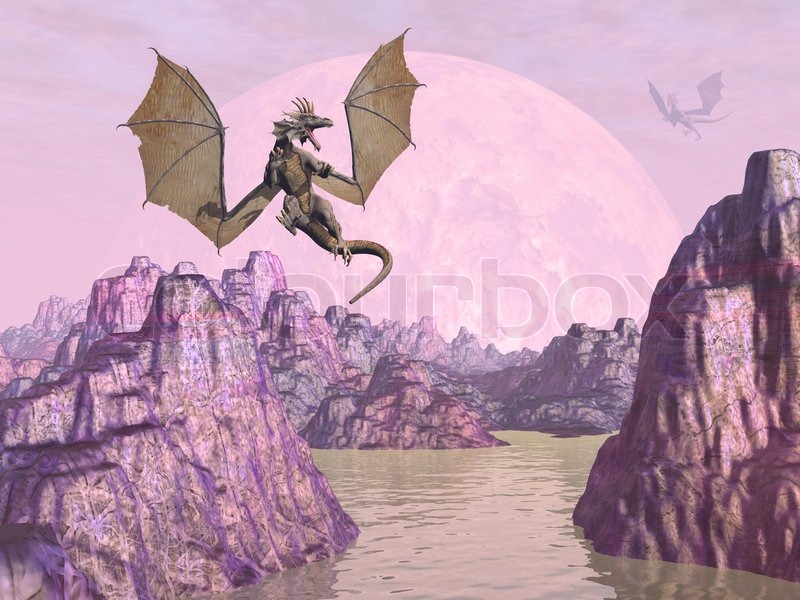 two dragons flying upon rocks in pink color background 3d render
