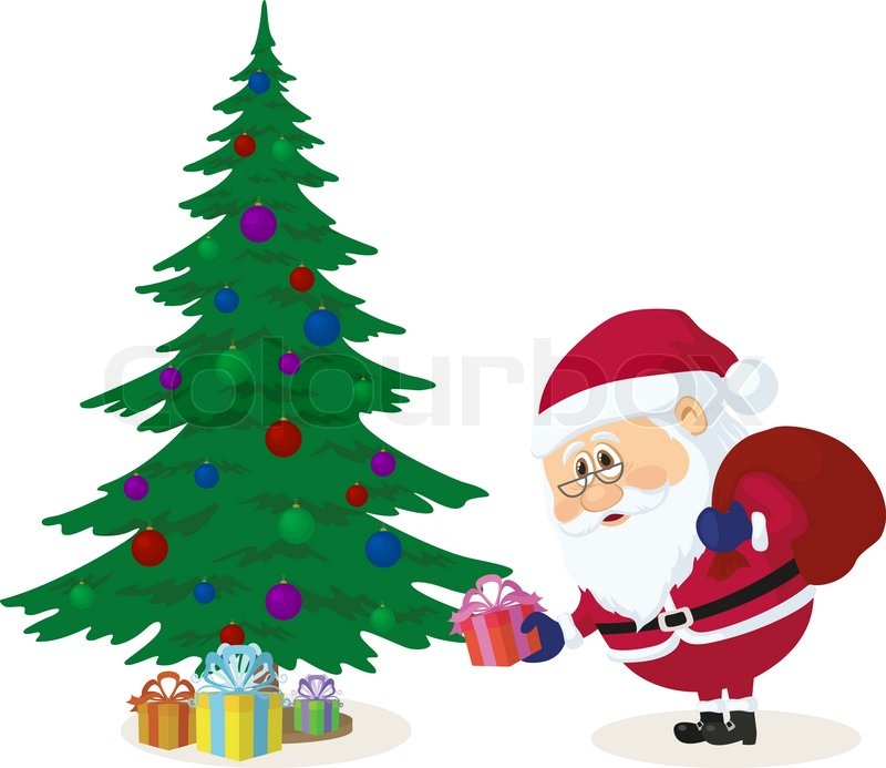 Cheerful Santa Claus With A Bag Of Gifts Putting Gift Boxes Under Fir Tree Christmas Holiday Illustration Funny Cartoon Character Isolated On White