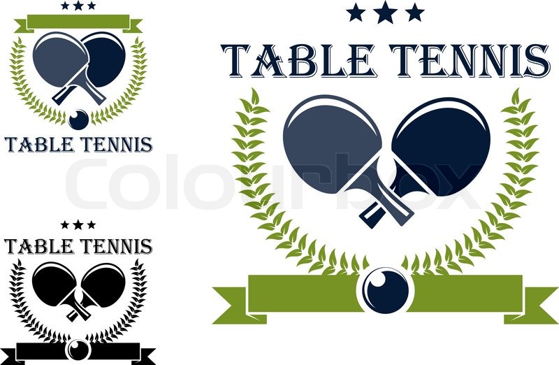 Table tennis or ping pong symbols with rackets, stars, laurel wreath