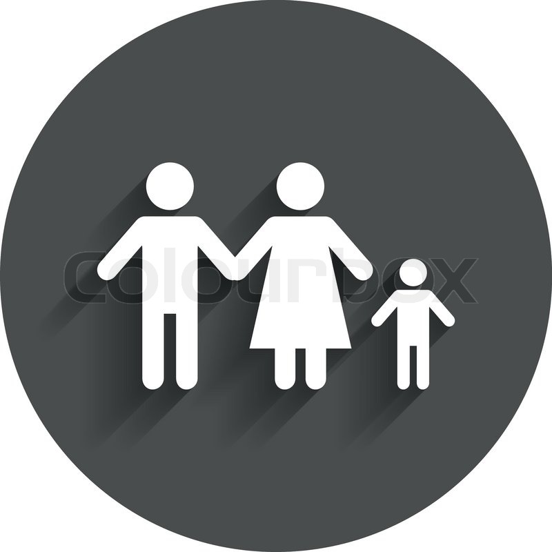 Family with one child sign icon. Complete family symbol. Circle flat button with shadow. Modern