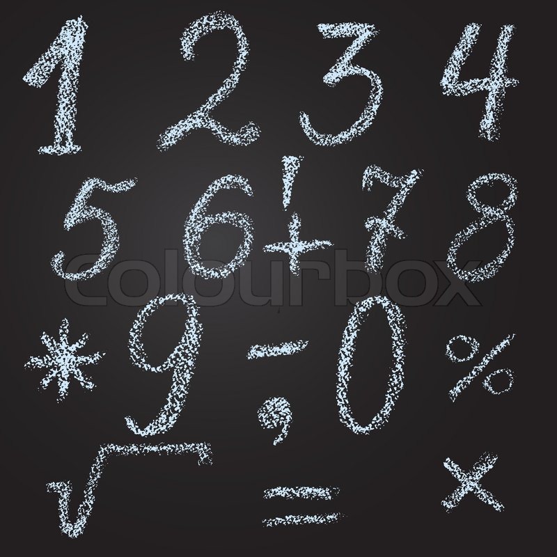 Sketch of numbers and mathematical signs in chalk by hand on a black