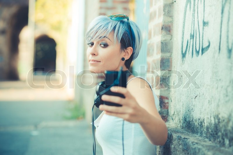 Young Beautiful Short Blue Hair Hipster Stock Image Colourbox