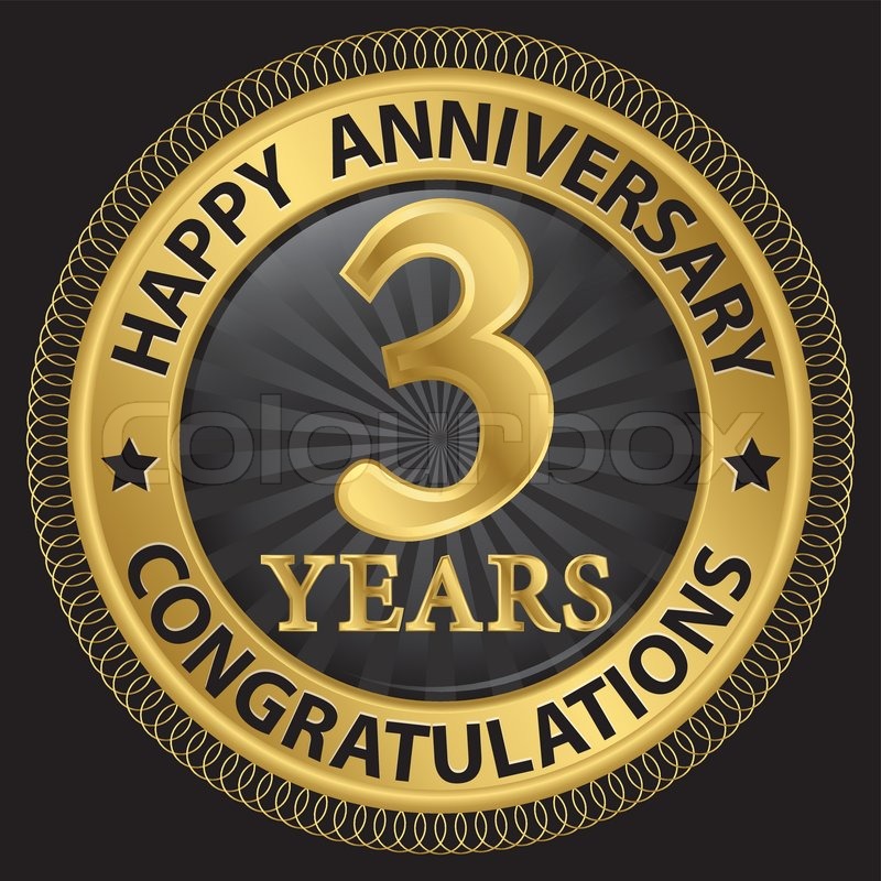 3 years happy anniversary congratulations gold label with ribbon