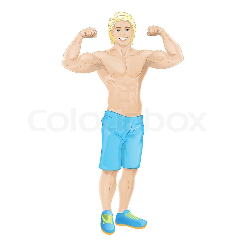 Sport man bodybuilder athletic muscle, handsome cartoon guy showing his