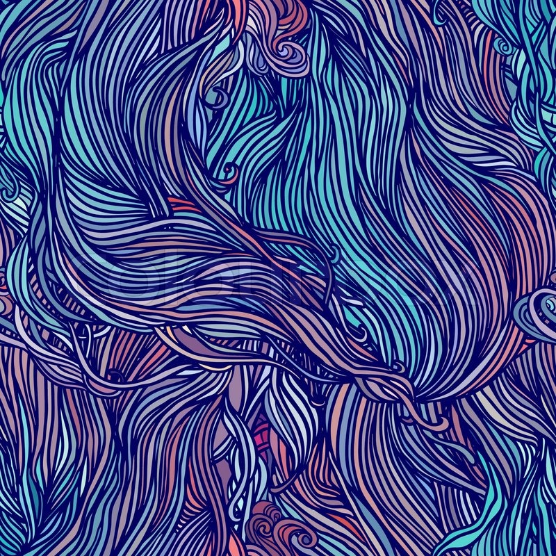 vector color abstract hand drawn hair pattern with waves and clouds