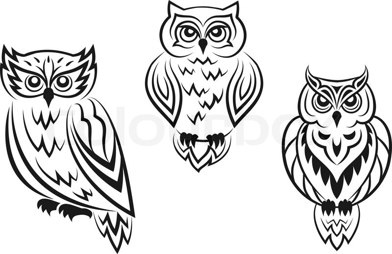 Black And White Owl Bird Tatoos In Stock Vector