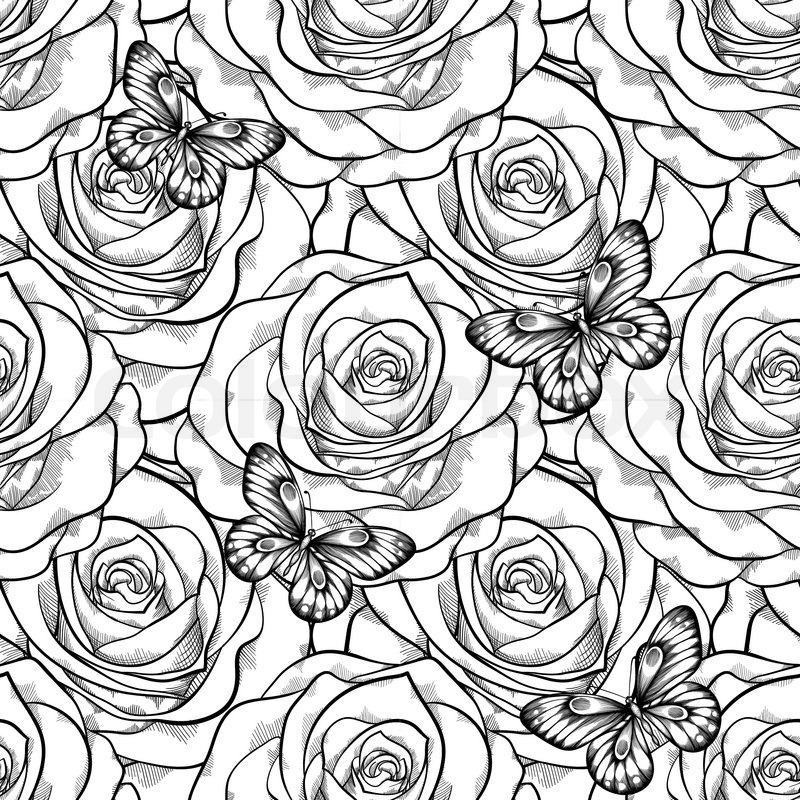 beautiful black and white seamless pattern in roses with contours black and white greeting card