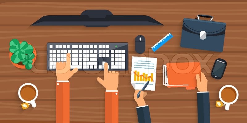 business man working with computer on table top view flat design