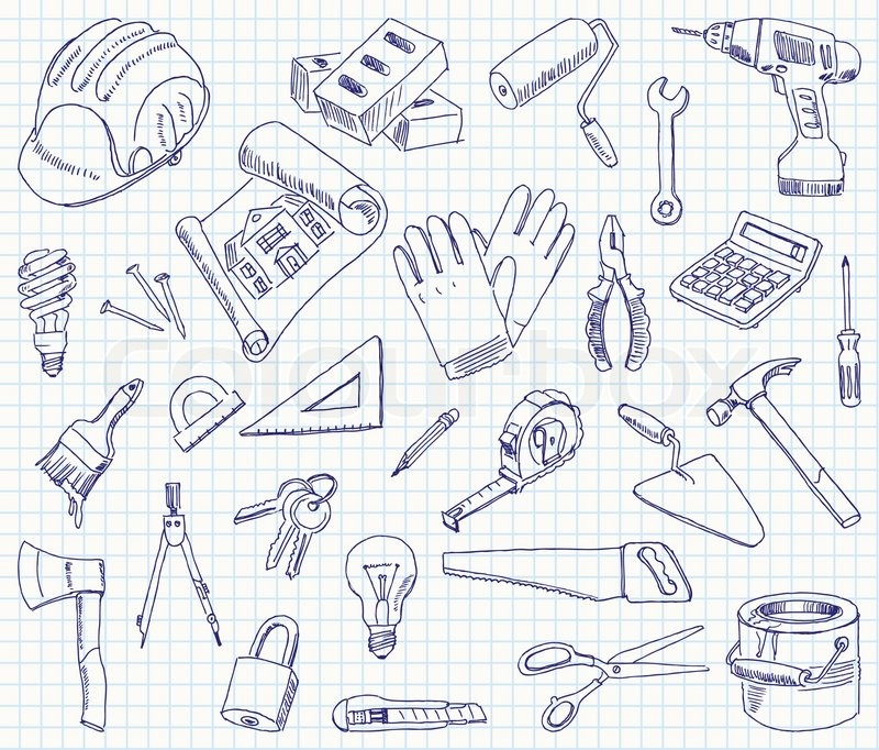 Freehand drawing building materials on a sheet of exercise book. Vector