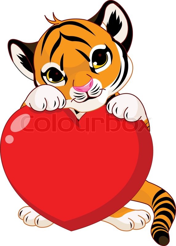 Valentine day illustration of cute tiger cub holding heart | Stock