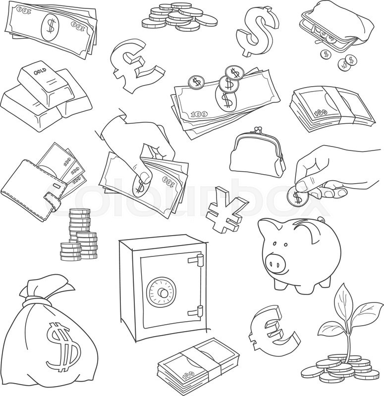 Download Set of doodle money symbol vector sketch. coins, stack, treasure, euro, cartoon, safe, doodles ...