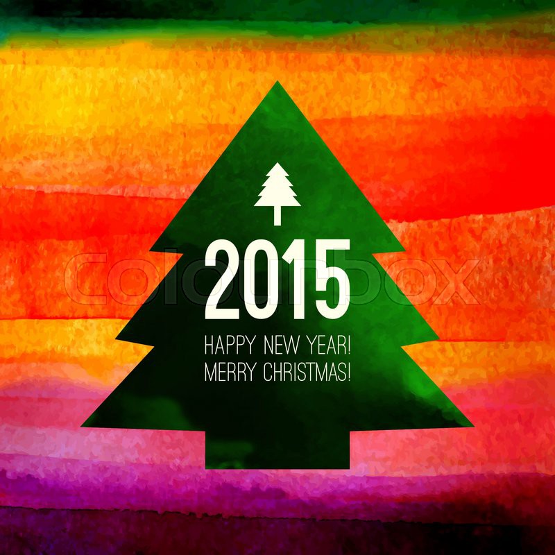 christmas tree symbol colorful watercolor painting with 2015 label merry christmas banner print