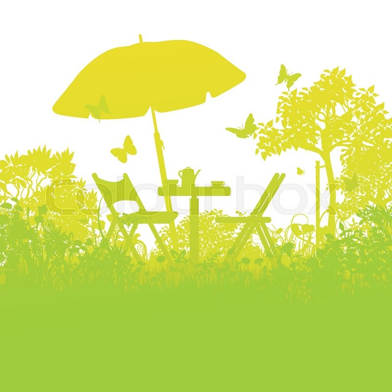 Zwei Gartenstühle mit Sonnenschirm im | Stock-Vektor | Colourbox