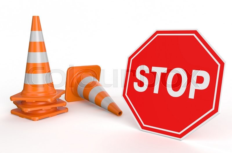 Traffic cones and sign stop isolated on Stock image Colourbox