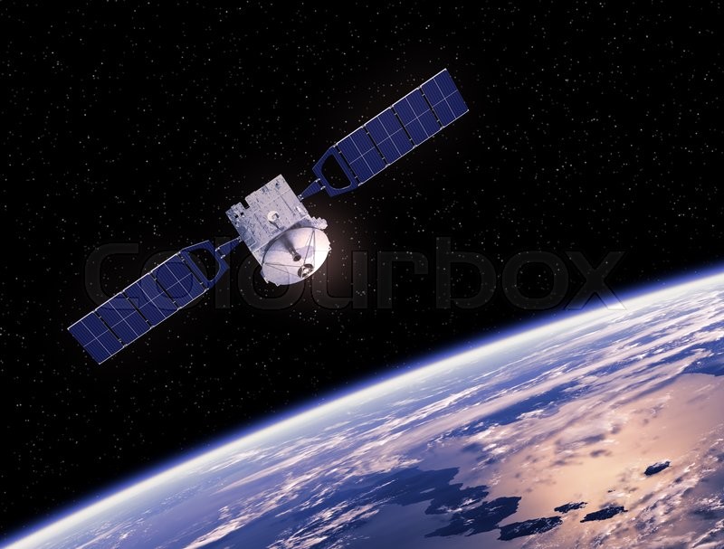 communication space satellite orbiting earth 3d scene stock