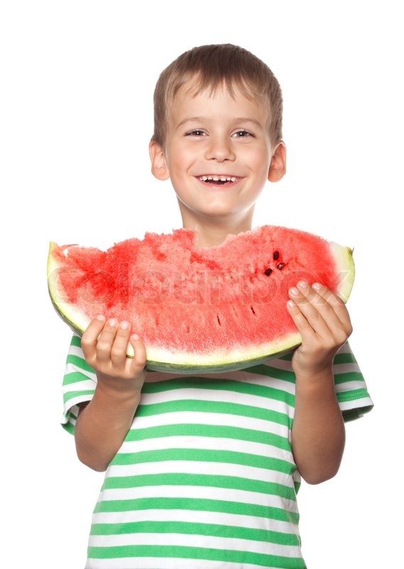 Boy holding a watermelon isolated on Stock image Colourbox