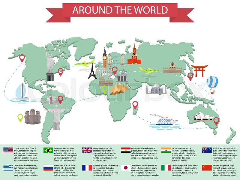 infographic world landmarks on map kremlin eiffel big ben tower