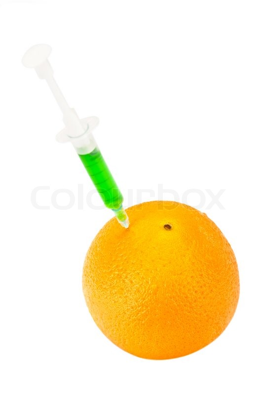 GMO orange with syringe on the white Stock image Colourbox