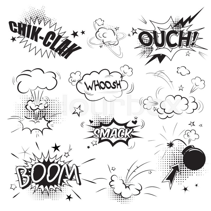 comic black speech bubbles in pop art style with boom snap words
