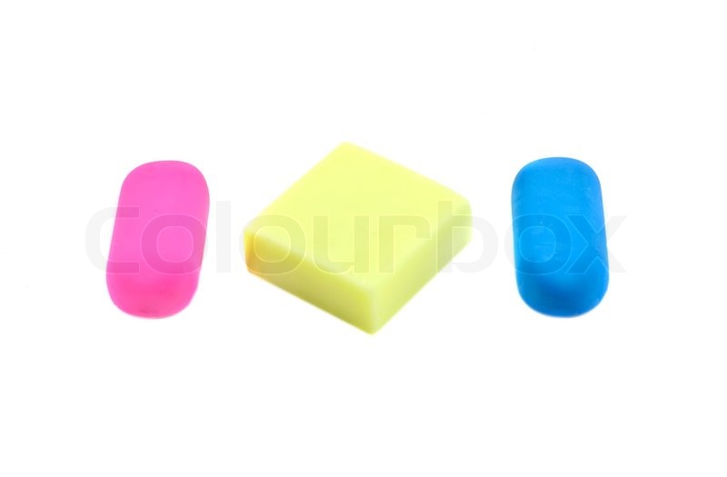 Drei farbige Radiergummis isoliert auf ... | Stock Bild | Colourbox