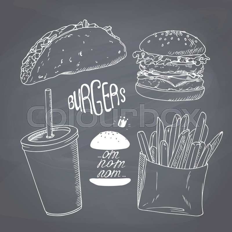 Sketched fast food set with burger, french fries, taco and paper ...