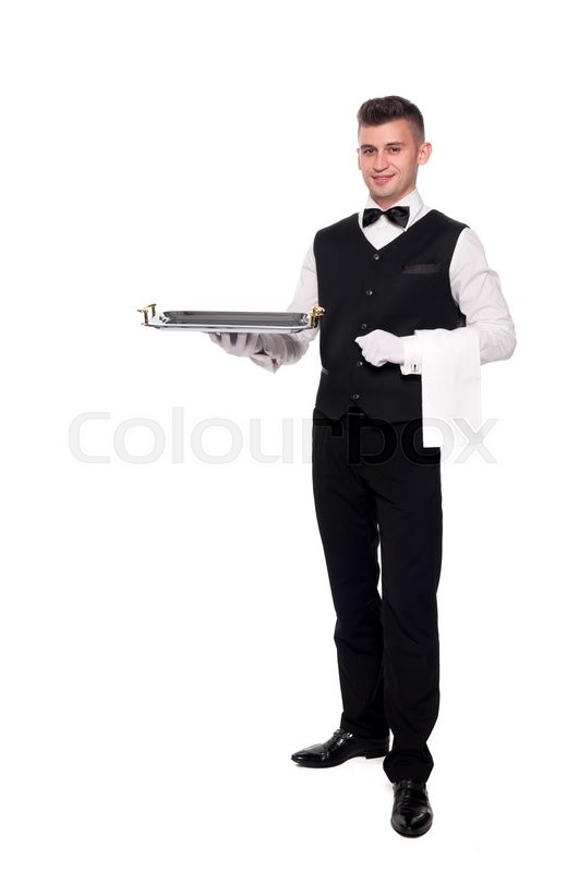 Waiter Or Bartender Holding A Silver Tray Stock Photo