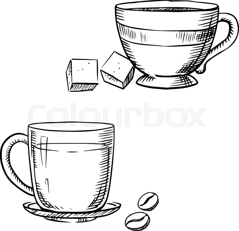 Elegant Porcelain And Glass Cups Of Coffee Tea With Sugar Cubes Roasted Beans Isolated On White Background Outline Sketch Style Elegant Porcelain And Glass Cups Of Coffee Tea With Sugar Cubes Roasted Beans Isolated On White Background Outline Sketch Style