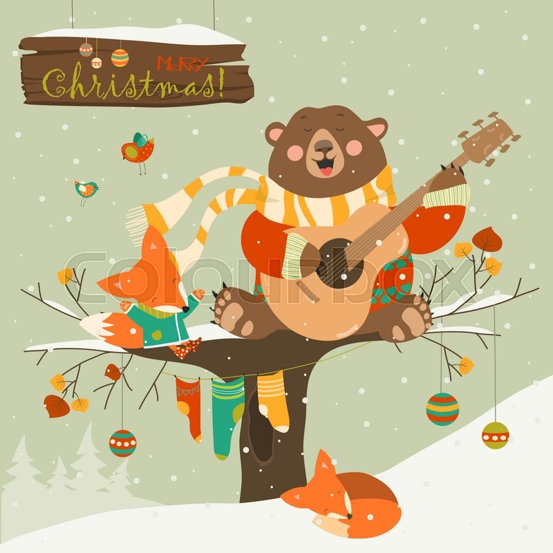 cute bear and little fox celebrating christmas vector greeting card christmas fox art