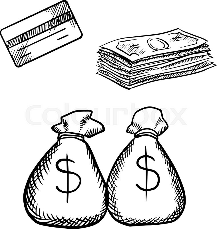 Line Drawing Money : Bank credit card stack of dollar bills and money bags