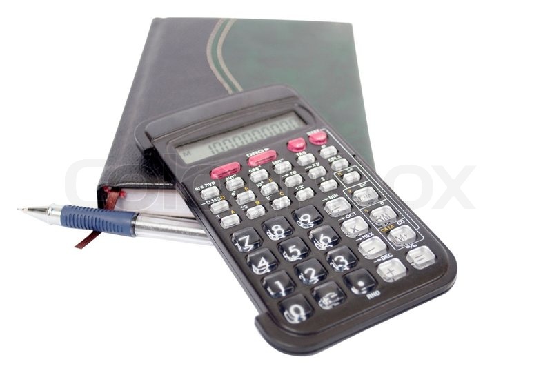 Notebook, calculator and writing Stock image Colourbox