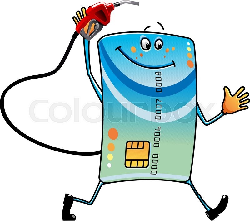 cartoon bank credit card character with gasoline pump nozzle in hand