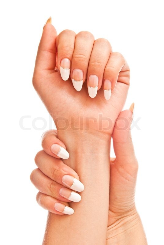 girl s hands with perfect nail manicure isolated on white stock