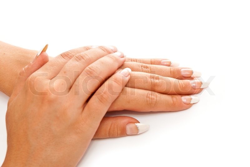 girl s hands with perfect nail manicure on white background stock