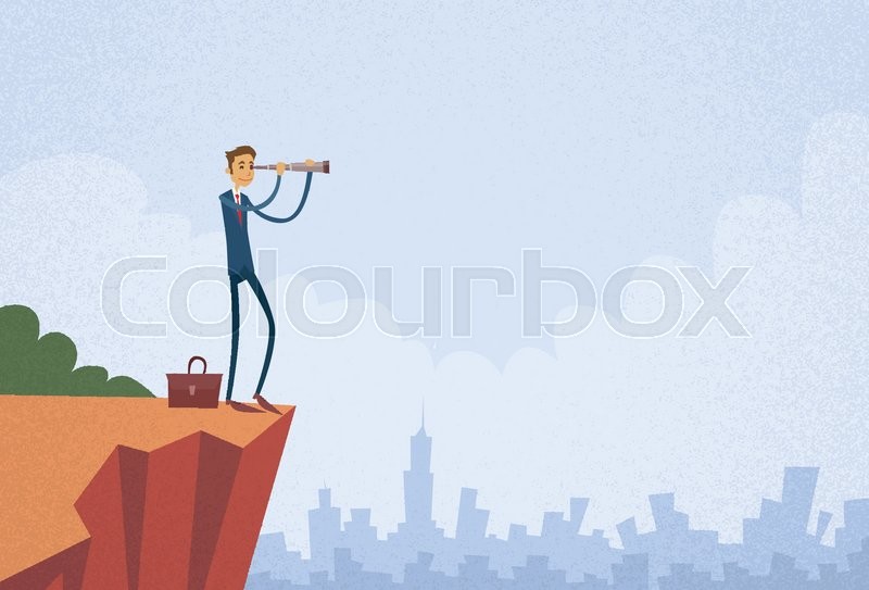 Cartoon Businessman Looking Skyglass Through Telescope Standing On Top Mountain Cliff Flat Vector Illustration Cartoon Businessman Looking Skyglass Through Telescope Standing On Top Mountain Cliff Flat Vector Illustration