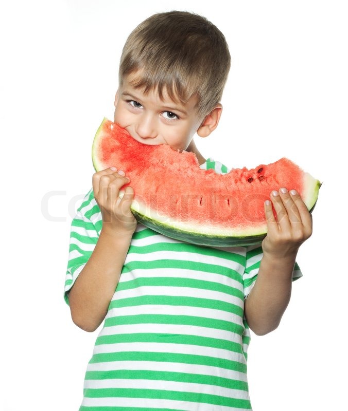 Boy holding a watermelon isolated on Stock image Colourbox