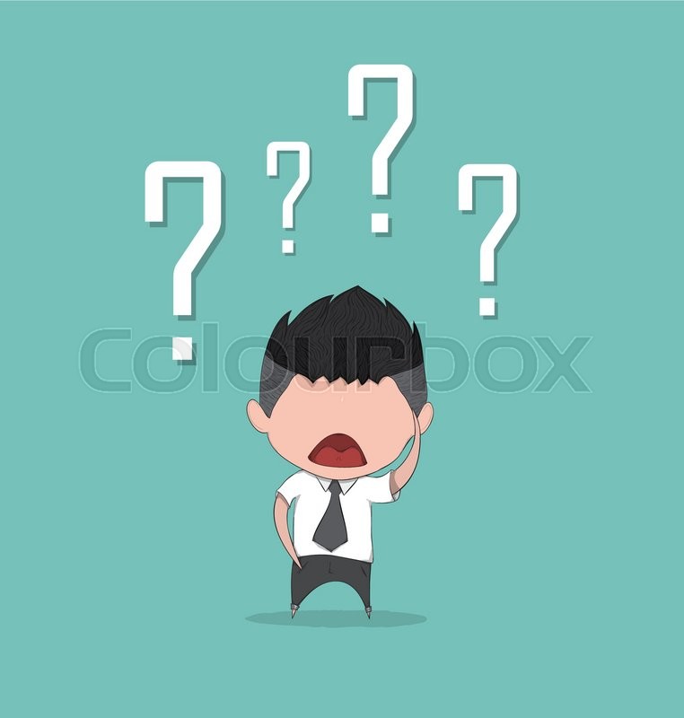 confusing cute business man with question marks above his head