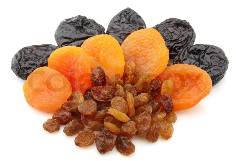 Raisin, dried apricots, prunes on a white background Stock Photo