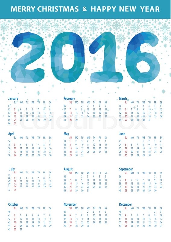 calendar 2016 with polygon blue numbers and snowflakes modern