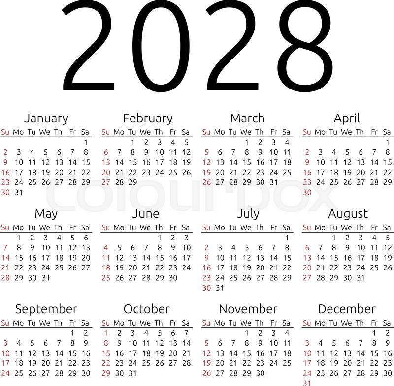 simple 2028 year calendar week starts stock vector year calender