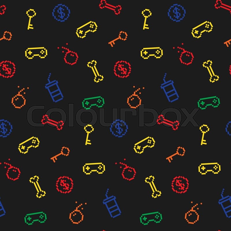 Seamless oldschool gaming inspired pattern, game icons, achievements