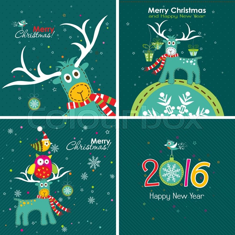 christmas greeting card with a deer the owl and the words vector christmas greeting words
