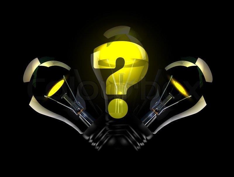 Question mark in lightbulb illustration on black background | Stock