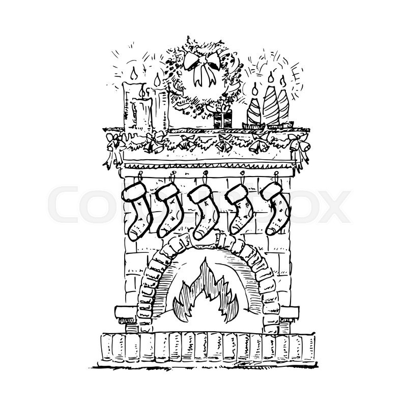 Clipart of a black and white christmas fireplace with candles and Christmas fireplace decorated. Vector | Stock vector | Colourbox
