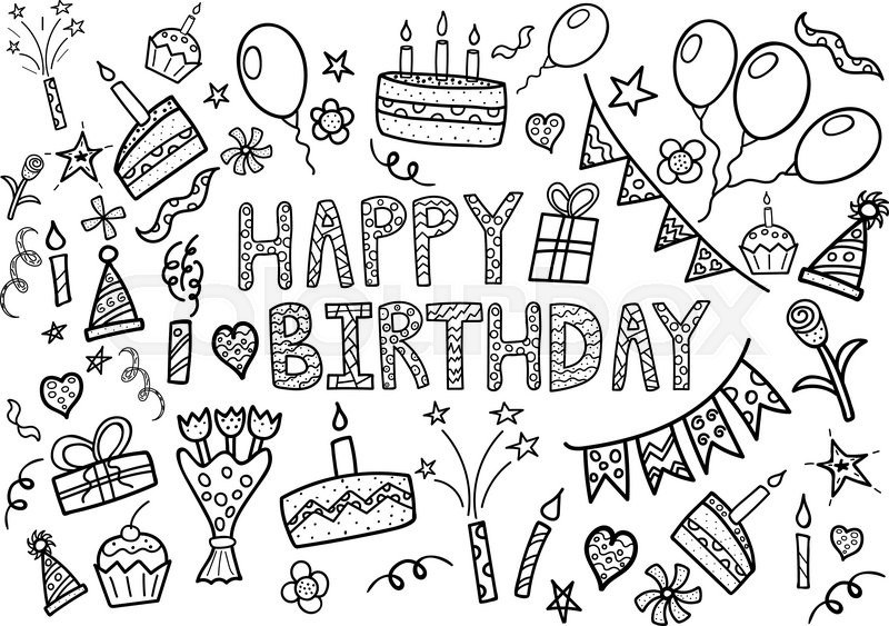 Happy Birthday Doodle Set With Hand Stock Vector Colourbox