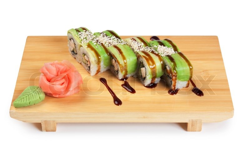 Asian food sushi on wooden plate isolated on white background | Stock