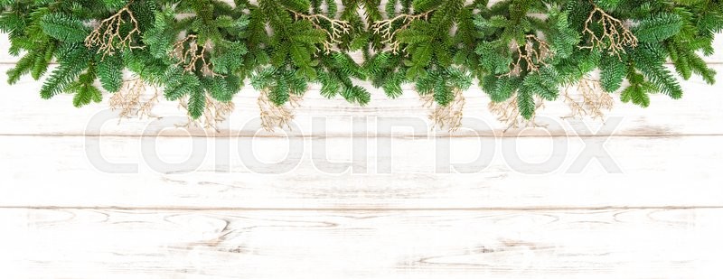 Christmas Tree Branches With Golden Decoration On Wooden Texture Winter Holidays Banner Christmas Tree Branches With Golden Decoration On Wooden Texture Winter Holidays Banner