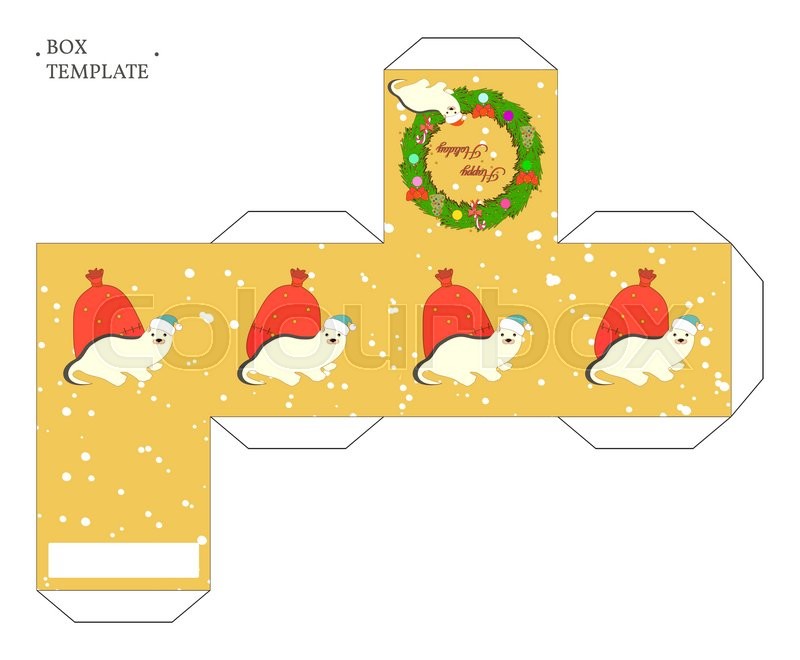 vector packaging box template with christmas wreath and cute cartoon