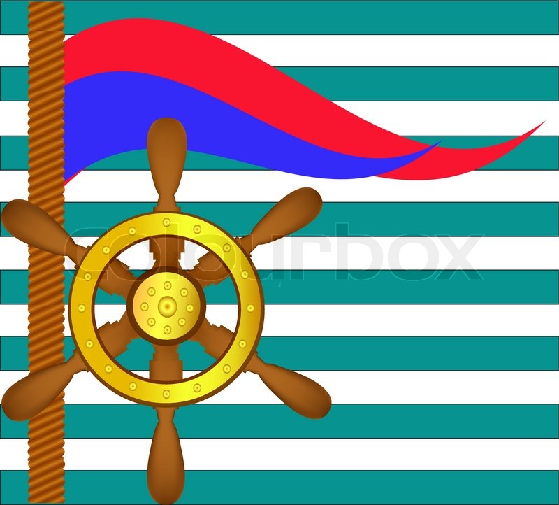 Ship steering wheel and flags on a blue background Stock Vector